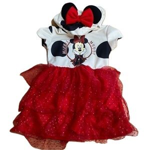Minnie Mouse Hooded Ruffle Dress Sz 4/5 Disney White Black Red Ears Girls Kids